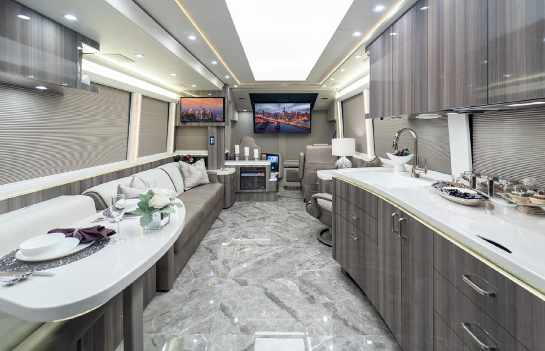 <p>Decked out with stylish fixtures, vibrant <a href="https://www.loveproperty.com/gallerylist/91728/55-genius-hacks-for-led-strip-lights">LED lights</a> and plenty of smart home technology, including underfloor heating, this plush model is a motorhome worthy of the rich and famous. Inside, the opulent interior has plush leather furnishings, sparkling floors and stylish wood-effect cabinetry.</p>