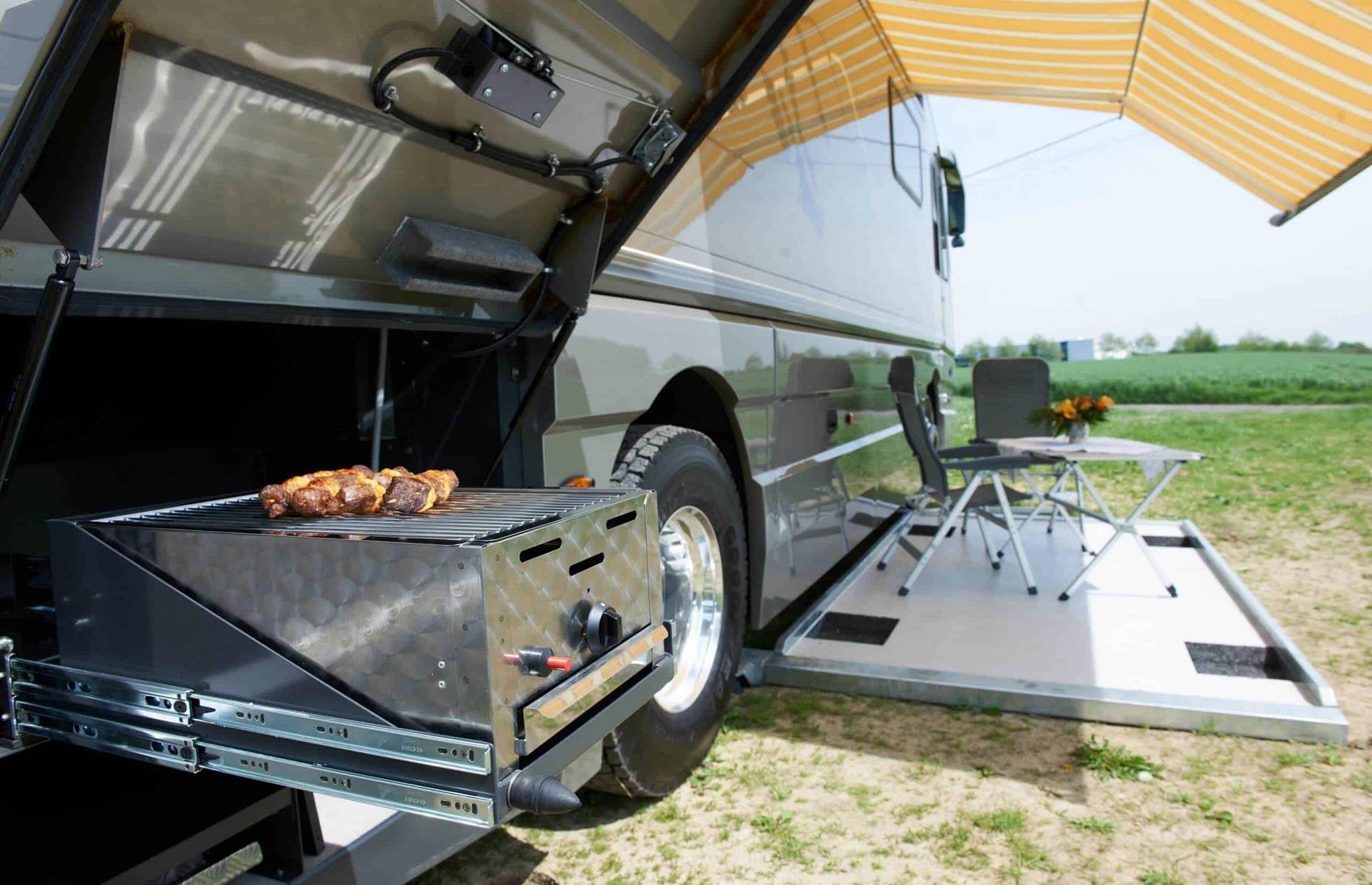 <p>Plus, the home’s climate control system is second to none, creating a comfortable living space all year round. And, according to <a href="https://uk.motor1.com/news/531655/volkner-motorhome-carries-bugatti-chiron/">motor1.com</a>, the motorhome comes equipped with a high-end, Burmester stereo that's responsible for €300,000, or $326,000 of that hefty price tag! If you're planning on taking yours to sunny climes, you can even add a built-in, retractable barbeque and dine under your very own extendable canopy. Perfection!</p>