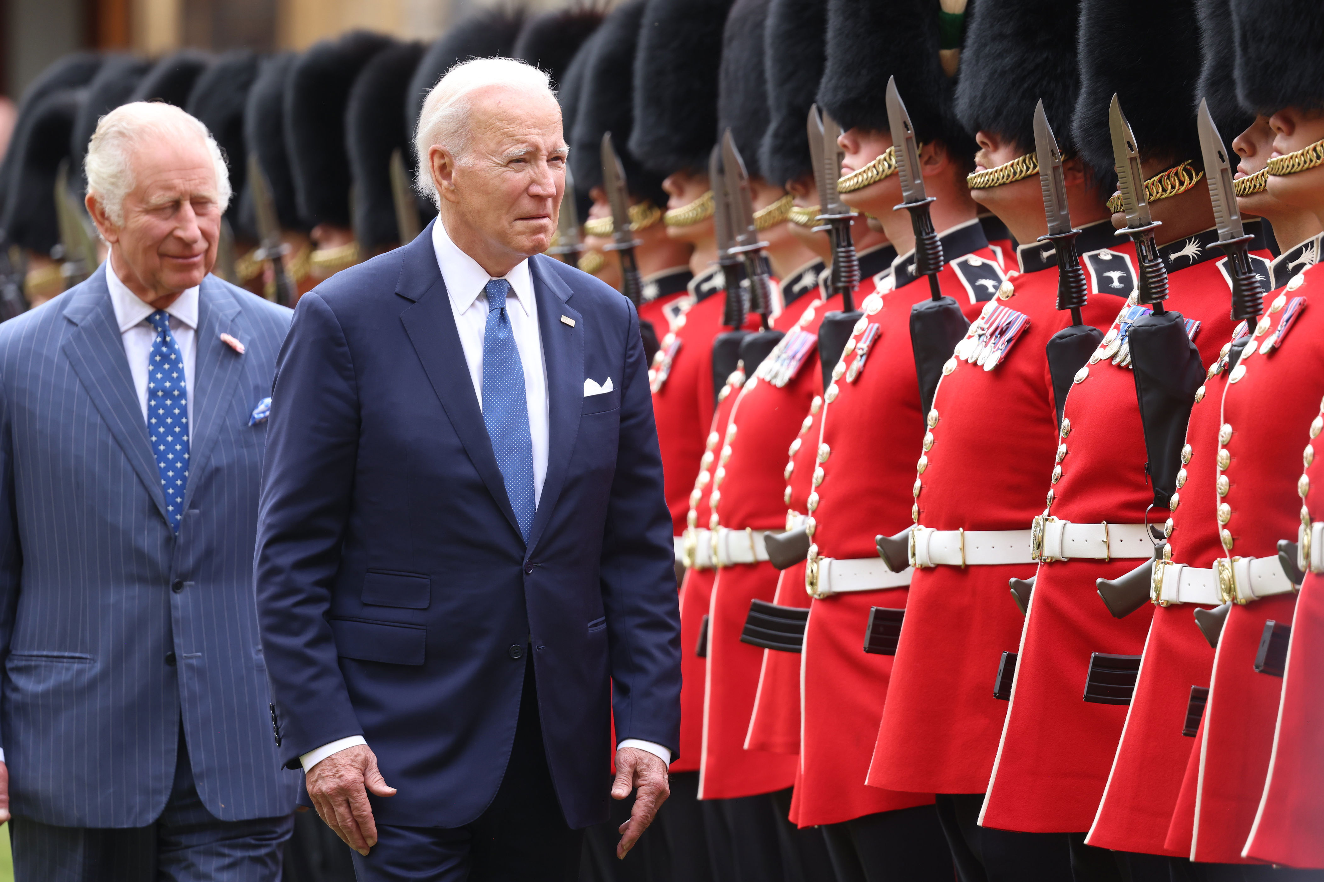 <p>King Charles III and President Joe Biden <a href="https://www.wonderwall.com/celebrity/royals/see-king-charles-iii-meetings-with-american-u-s-presidents-over-the-years-prince-charles-camilla-652116.gallery">reviewed a guard of honour</a> at Windsor Castle in Windsor, England, on July 10, 2023. The president visited Britain to further strengthen the close relationship between the nations and to discuss climate issues with the monarch.</p>