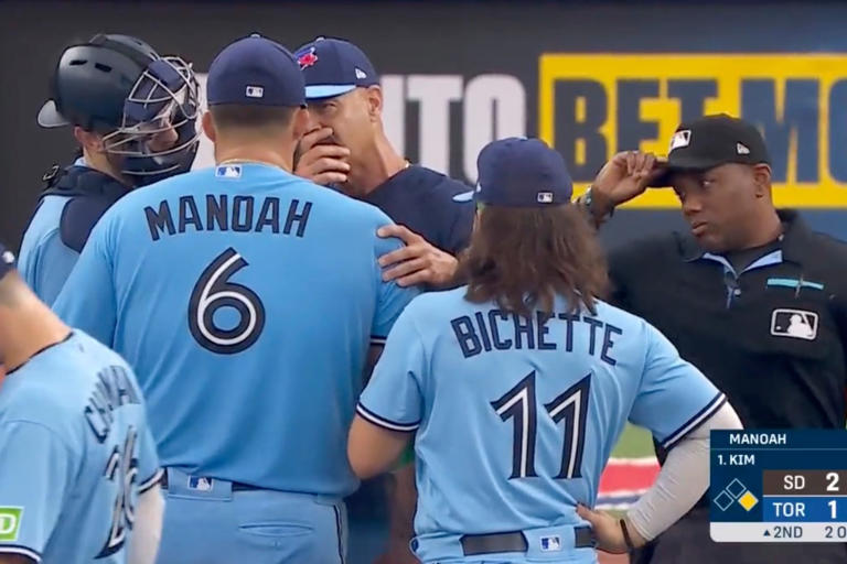 Blue Jays pitching coach Pete Walker bizarrely ejected as he covers up conversation