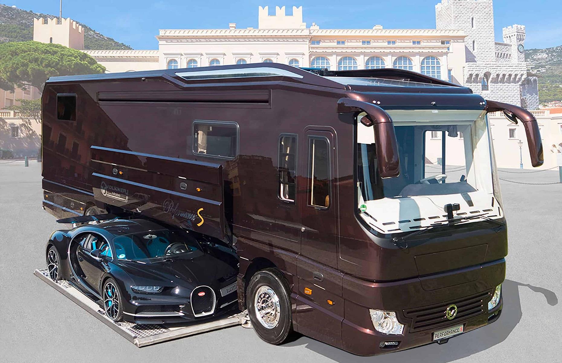 <p>This stunning motorhome by luxury German manufacturer, Volkner Mobil, wows with its built-in hydraulic garage compartment, for when you have to take your sports car on the road with you, naturally. Their 39-foot-long <a href="https://volkner-mobil.com/en/performance-s/">Performance S model</a> will set you back an impressive $2.2 million, or €2 million, and comes kitted out with a state-of-the-art engine.</p>