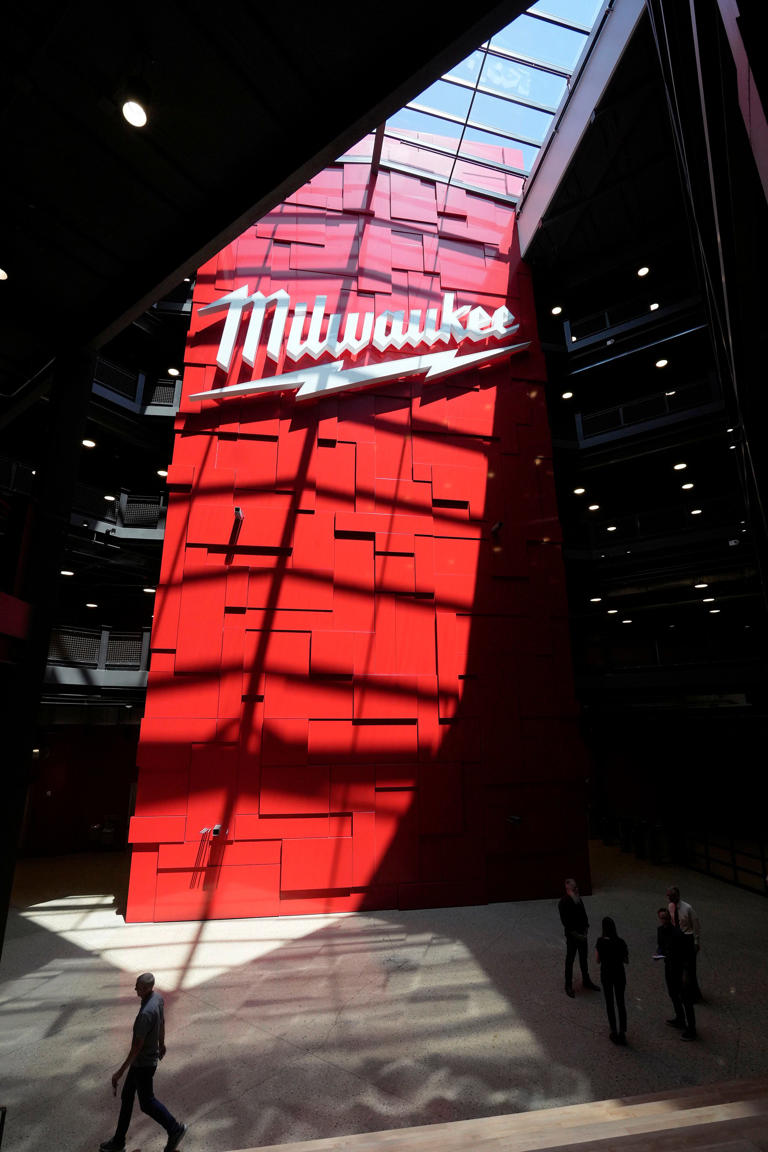 Milwaukee Tool's stylized electric bolt logo is the main feature in the atrium of the company's new downtown Milwaukee office at 551 N. Fifth St.