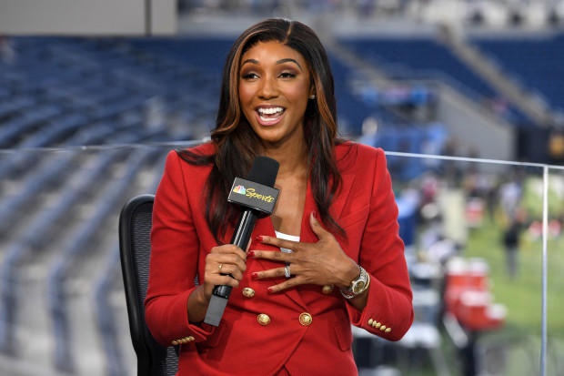 CANTON, OHIO - AUGUST 04: NBC Sports announcer Maria Taylor speaks during a segment prior to the 2022 Pro Hall of Fame Game between the Jacksonville Jaguars and the Las Vegas Raiders at Tom Benson Hall Of Fame Stadium on August 04, 2022 in Canton, Ohio. (Photo by Nick Cammett/Getty Images) Nick Cammett/Getty Images