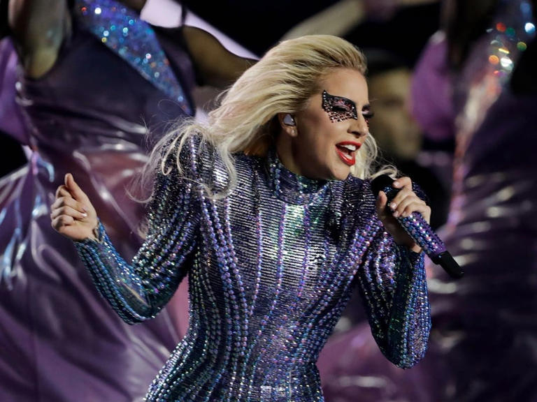 In this Feb. 5, 2017 file photo, singer Lady Gaga performs during the halftime show of the NFL Super Bowl 51 football game between the New England Patriots and the Atlanta Falcons, in Houston.