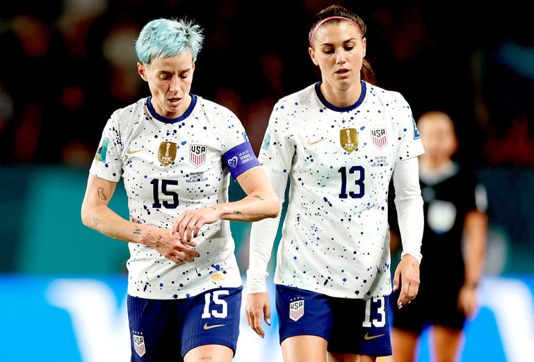 Megan Rapinoe #15 and Alex Morgan #13 of the United States during the second half of the FIFA Women's World Cup Australia & New Zealand 2023 Group E match between Portugal and USA at Eden Park on August 01, 2023 in Auckland, New Zealand