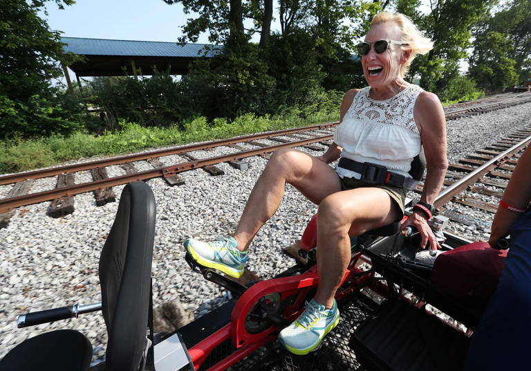 Courier Journal reporter Kirby Adams was excited to take off on a Rail Explorers railbike in Versailles, Ky. on July 27, 2023. The company offered a tour of their new Versailles location which features a 10-mile round-trip scenic view of bourbon distilleries and horse farms in the area.