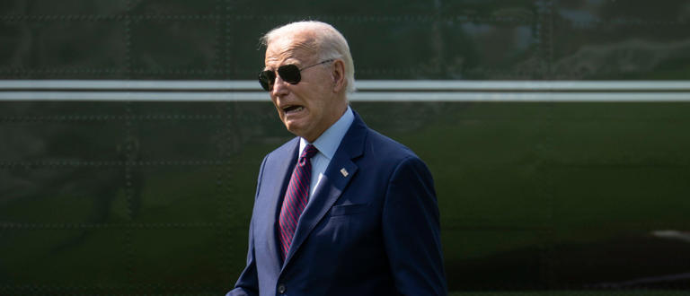 WASHINGTON, DC - JULY 28: U.S. President Joe Biden gestures toward visitors watching the departure as he walks to Marine One on the South Lawn of the White House July 28, 2023 in Washington, DC. President Biden is traveling to Auburn, Maine to discuss manufacturing and his "Bidenomics" economic plan. (Photo by Drew Angerer/Getty Images)