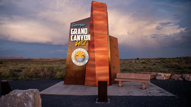 One person died after a tour bus and a vehicle collided in a parking lot in Grand Canyon West on August 1. Grand Canyon West sign