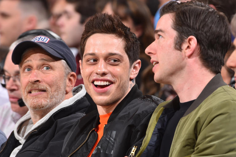Jon Stewart, Pete Davidson, and John Mulaney at a Knicks game
