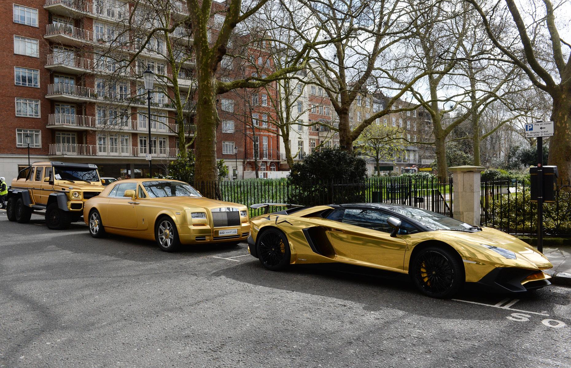 <p>Suspected Saudi royal Turki Bin Abdullah took the UK capital by storm in 2016 when he imported his wow-factor collection of gold supercars and cruised around central London's streets in the eye-catching vehicles. They include two Lamborghinis, a Mercedes AMG off-roader, Rolls-Royce Phantom Coupe and Bentley Flying Spur, which together were reportedly worth more than $2 million (£1.2m). He spends thousands having his vehicles coated in gold, his favourite colour.</p>