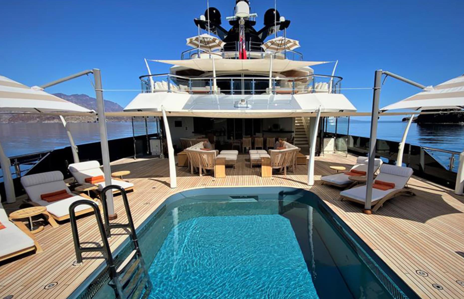 <p>Spielberg's Seven Seas superyacht has plenty of places to unwind, including a swimming pool on a partially-covered 2,700-square-foot (250 square metre) deck. The area has sun loungers for swimmers to relax on, as well as a bar and a dining area that seats 22 people. Either side of the pool are steps down to a swim deck. But the yacht also has a private deck and spa pool, a fitness room and spa with a massage room, sauna and steam room.</p>  <p>It also has a main living space the size of a ballroom and, unsurprisingly, the acclaimed movie director's custom boat has a film screening room. The large room has tiered, cinema-style sofas, a full bar and even a baby grand piano for live music moments.</p>