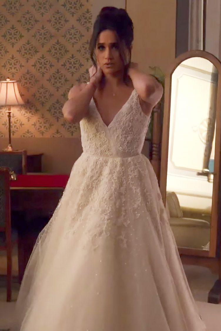 <p>When you think of Meghan Markle in a wedding gown, it’s probably the off-the-shoulder bespoke Givenchy gown that she wore to wed Prince Harry in 2018. However, her character on <em>Suits</em>, Rachel Zane, wore a sleeveless V-neck in her (season 7) wedding to onscreen love Mike Ross.</p>