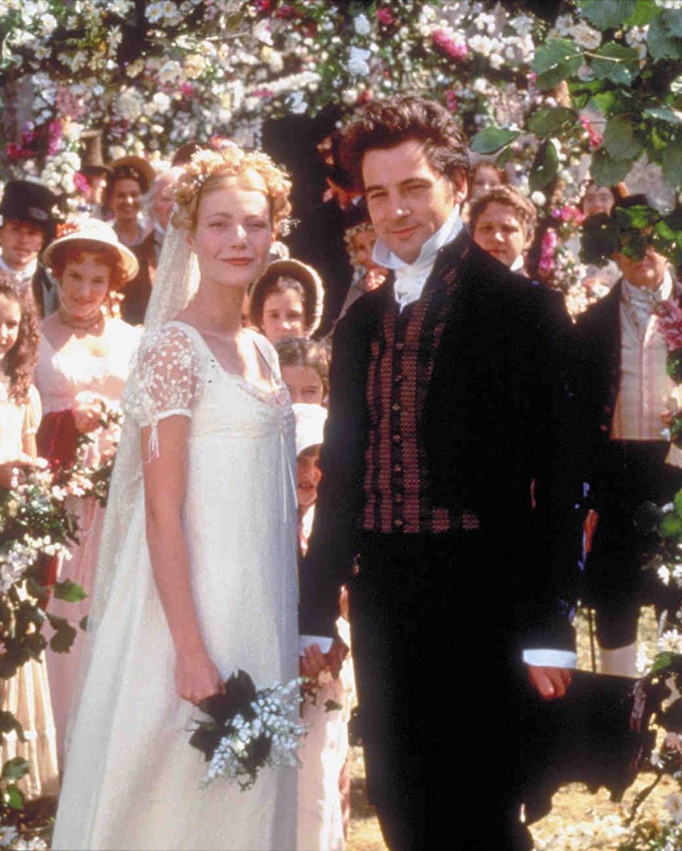 <p>Gwyneth Paltrow nails the straight-out-of-a-Jane-Austen-novel look with this sweet and simple wedding dress. </p>