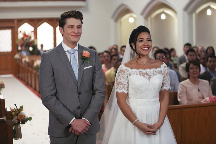 <p>When Jane Villanueva marries Michael Cordero in season 2, she opts for (likely) an Alba-approved modest white dress with lace detailing. And of course, the Villanueva women all walk down the aisle together. </p>