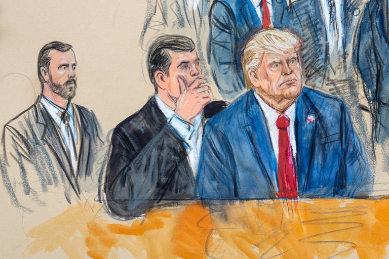 This artist sketch depicts former President Donald Trump, right, conferring with defense lawyer Todd Blanche, center, during his appearance at the Federal Courthouse in Washington, Thursday, Aug. 3, 2023. Special Prosecutor Jack Smith sits at left. Trump pleaded not guilty in Washington's federal court to charges that he conspired to overturn the 2020 election.