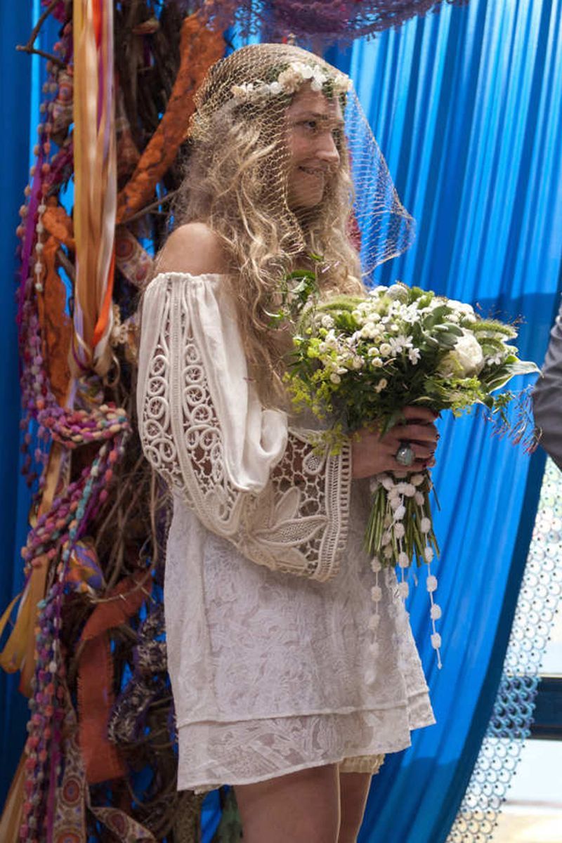 <p>Jessa from <em>Girls</em> (played by Jemima Kirke) was obviously never going to wear a traditional wedding dress, so instead, she went with this boho minidress for her surprise wedding in season 1. </p>