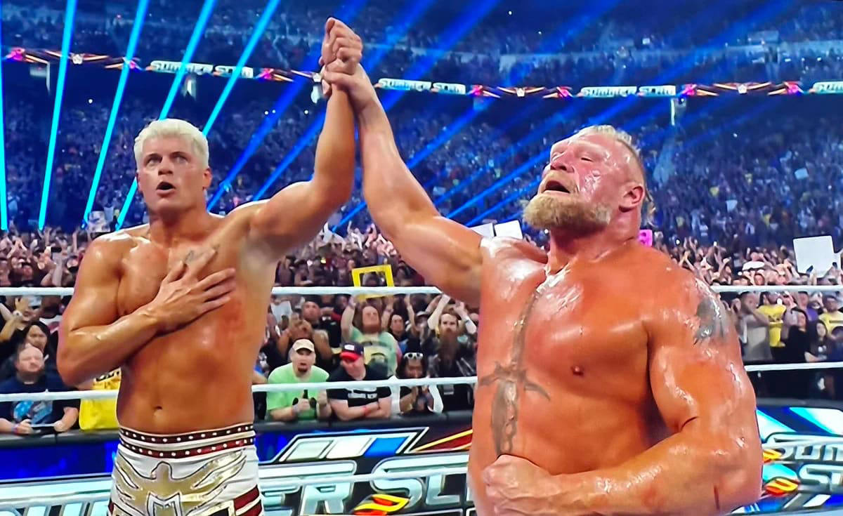 Cody Rhodes and Brock Lesnar shake hands after WWE SummerSlam match