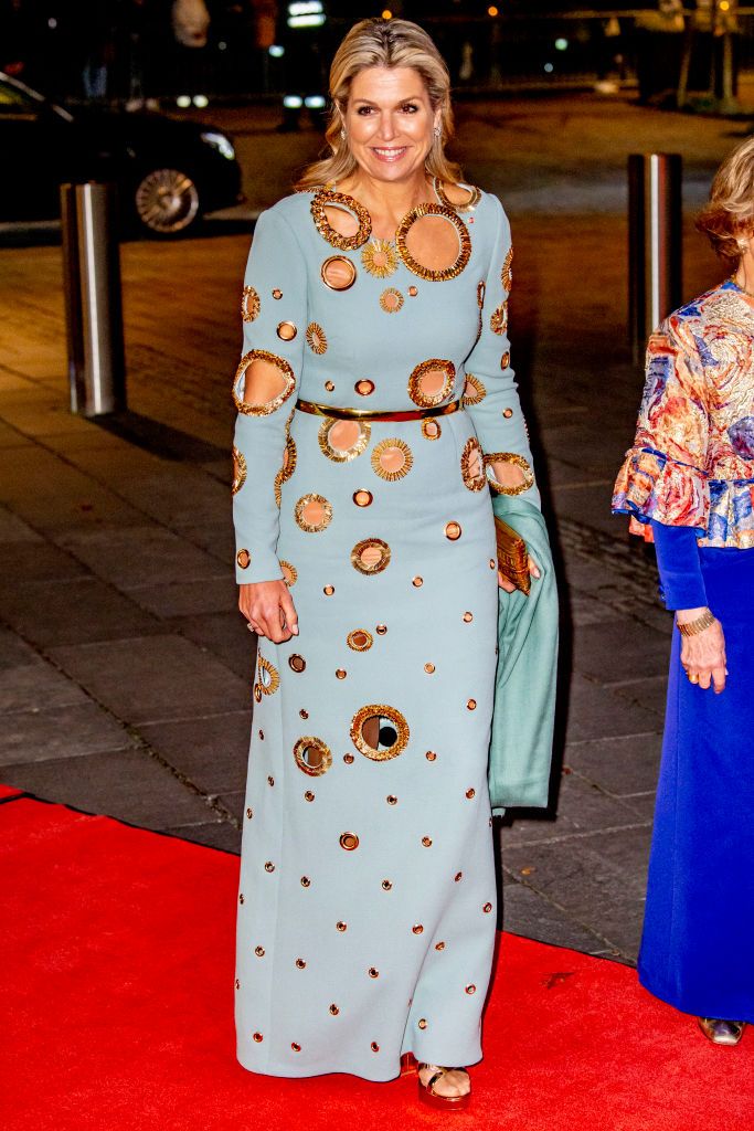 <p>Circular sequined cutouts made for an artful element in this blue gown worn by Maxima for a concert at the Munchmuseum in Oslo.</p>