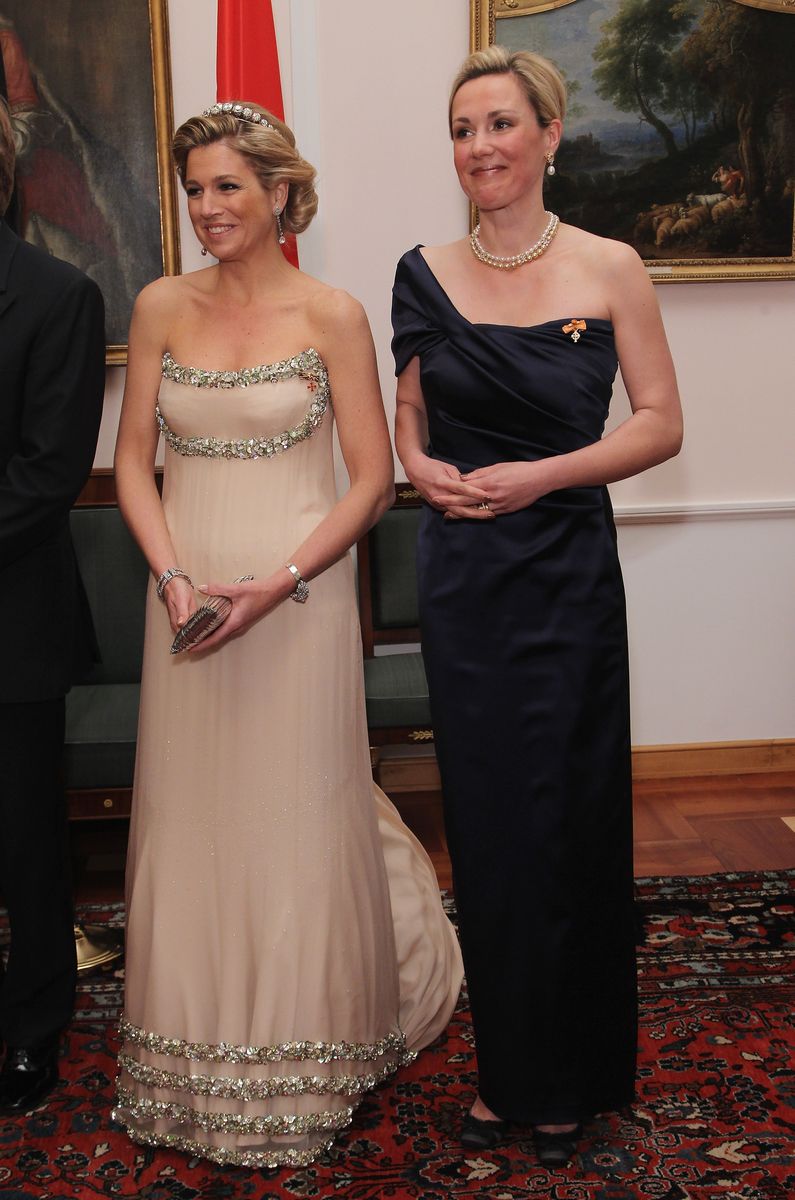 <p>Maxima wore this strapless blush gown with silver embellishment to a banquet with then-First Lady of Germany Bettina Wulff in Berlin. </p>