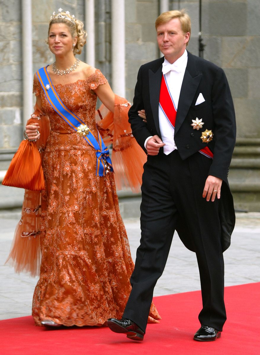 <p>Then-Prince and Princess Willem Alexander and Maxima attended the wedding ceremony of Princess Martha Louise of Norway and Ari Behn in Trondheim, Norway. To mark the occasion, Maxima wore a sienna lace gown and glittering tiara. </p>