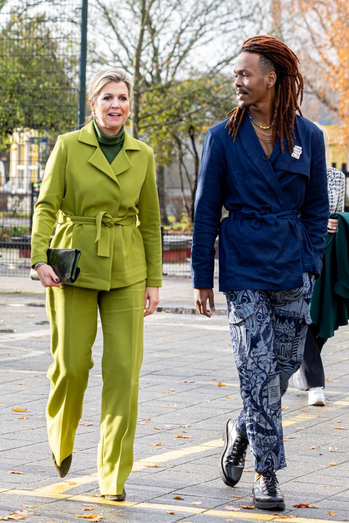 <p>Maxima wore this pistachio suit set with a deep green turtleneck to the OBS De Globe school to see the music lessons ahead of the Christmas concert in Haarlem, Netherlands.</p>