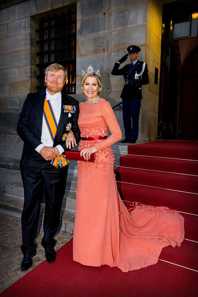 <p>Maxima was positively peachy in this sheer-sleeved gown for the annual Diplomatic Corps gala.</p>