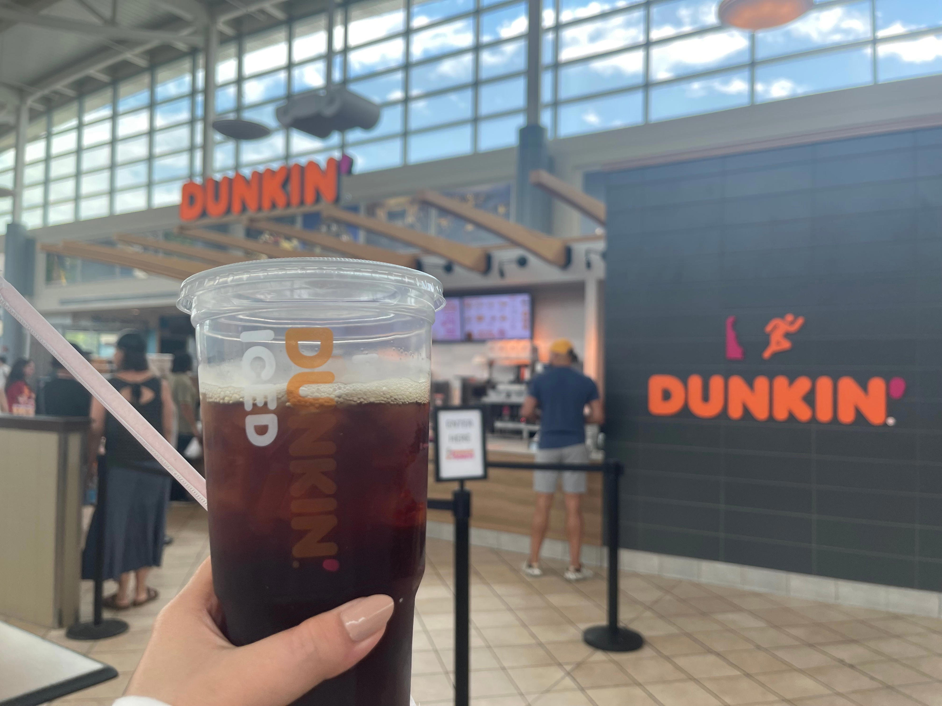 <p>Although there wasn't food on the FlixBus, we got a 15-minute rest-stop break where I picked up a bottle of water and a <a href="https://www.insider.com/which-coffee-chain-has-the-best-black-coffee-on-ice">Dunkin' iced coffee</a> to fuel me for the last three hours on the road. </p>