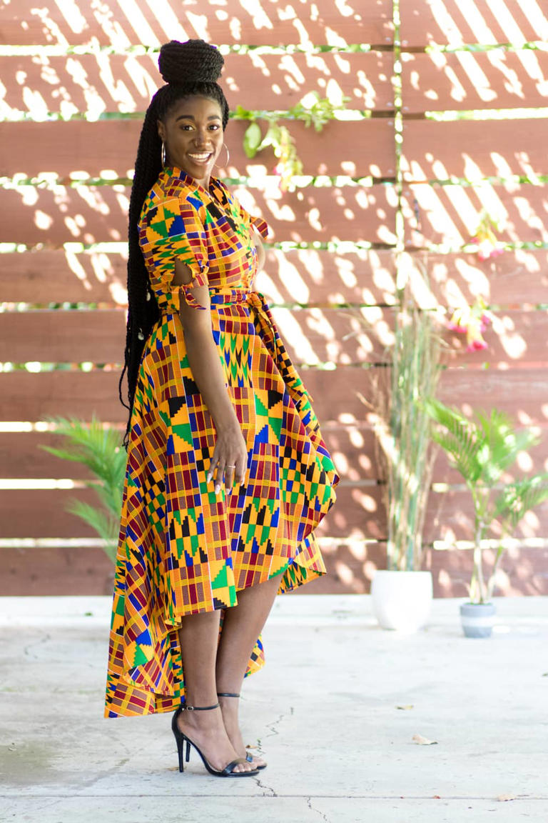 Stylish woman wearing DIY high low maxi dress Kampala African print. Photo: Montoya Mayo Source: Getty Images
