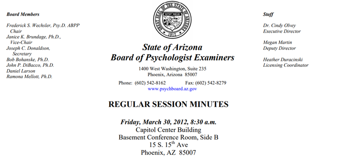 為 Access Bars 課程背書的腦神經科學家范甯（Jeffrey Fannin）於 2012 年被亞利桑那州心理學家考試委員會禁止執業。 圖：翻攝自State of Arizona Board of Psychologist Examiners官網