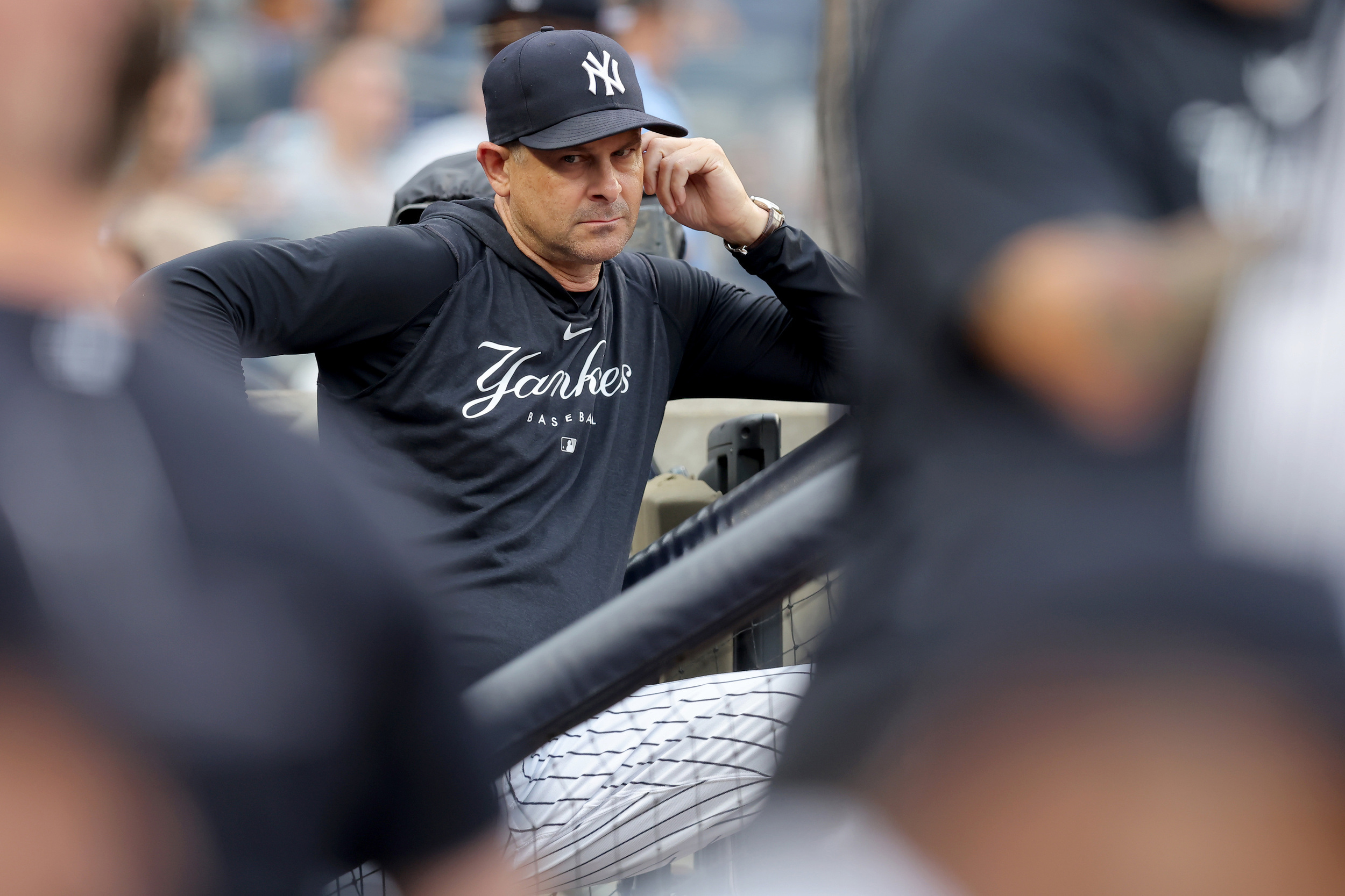 New York Yankees manager Aaron Boone imitates an umpire calling strike  three after arguing with home plate umpire Laz Diaz during the eighth  inning of a baseball game against the Chicago White