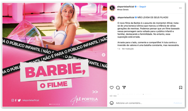 Deputada faz campanha contra o filme Barbie: “Não levem os filhos”
