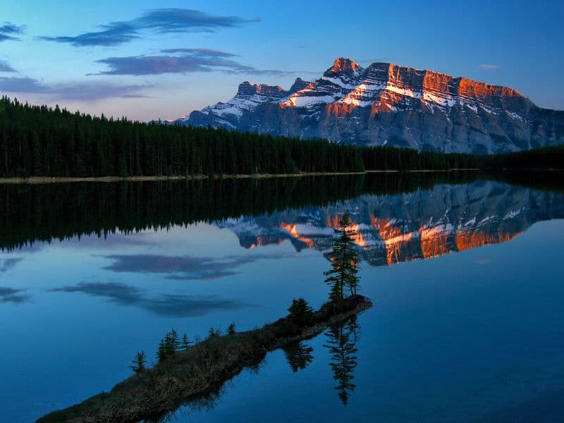 2 jack lakes in twilight with mountain reflection in the water