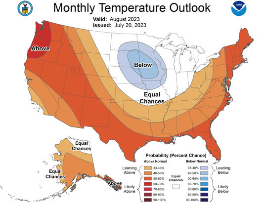 August is forecast to be warmer-than-average across most of the western, southern and eastern U.S. Only a small portion of the Upper Midwest (in blue) is expected to see cooler-than-normal temperatures in August.