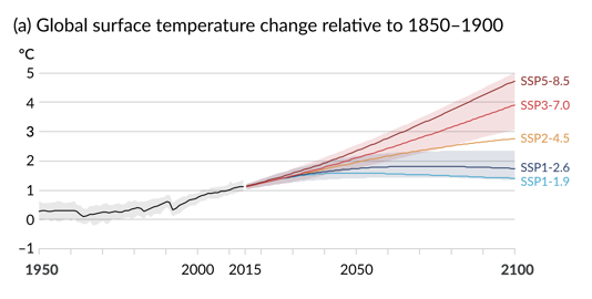 The different future warming scenarios, largely based on carbon emissions. It's more likely we're headed towards a middle-ground scenario, similar to the orange line,