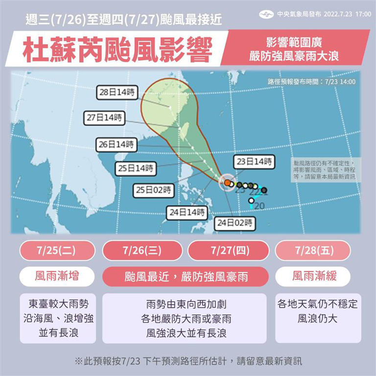 週三、週四颱風最近台灣，嚴防強風豪雨。（圖／翻攝自報天氣-中央氣象局臉書）
