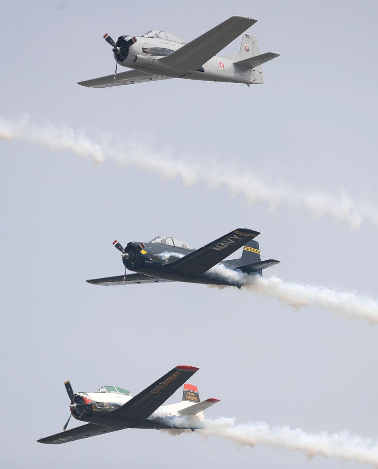 The Warbirds of America perform during the afternoon air show at EAA AirVenture Oshkosh 2023 on July 24, 2023, in Oshkosh.