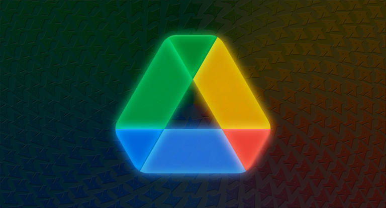 Google Drive logo over a dark rainbow gradient covered with AP logos