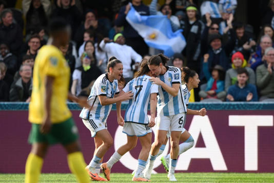 DUNEDIN, NEW ZEALAND - JULY 28: Romina Nunez of Argentina celebrates with teammate Aldana Cometti after scoring her team’s second goal during the FIFA Women’s World Cup Australia & New Zealand 2023 Group G match between Argentina and South Africa at Dunedin Stadium on July 28, 2023 in Dunedin / Ōtepoti, New Zealand. (Photo by Harriet Lander - FIFA/FIFA via Getty Images)