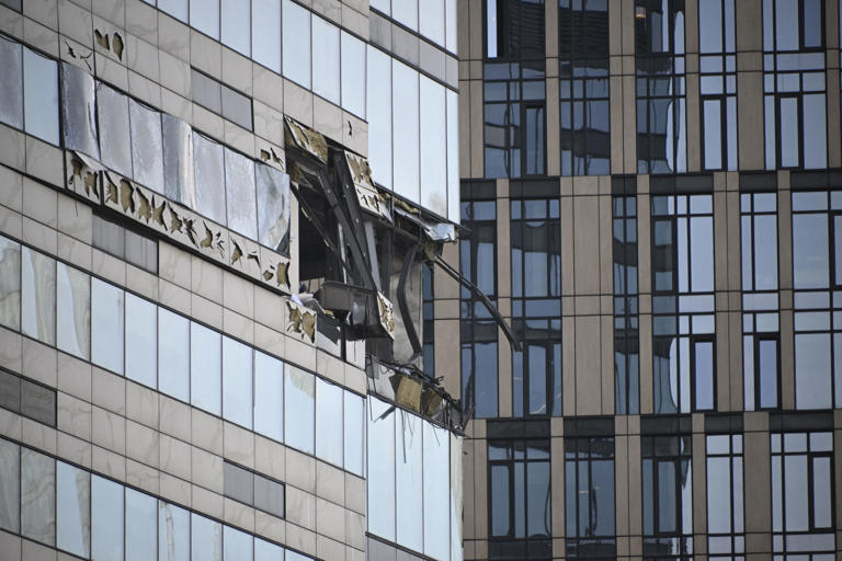 A view of a damaged office block of the Moscow International Business Center (Moskva City) following a reported drone attack in Moscow on July 30, 2023. (Photo by ALEXANDER NEMENOV/AFP via Getty Images)