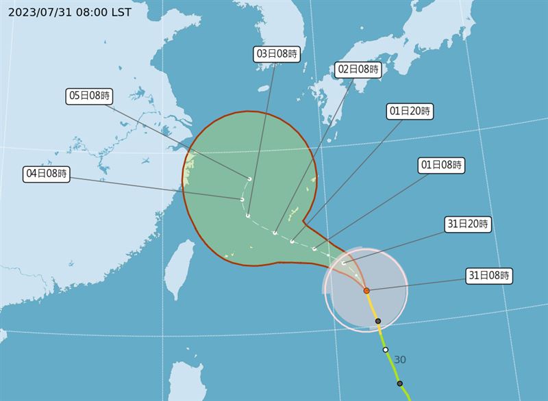 「卡努」在8月2、3日離台灣最近。（圖／中央氣象局）