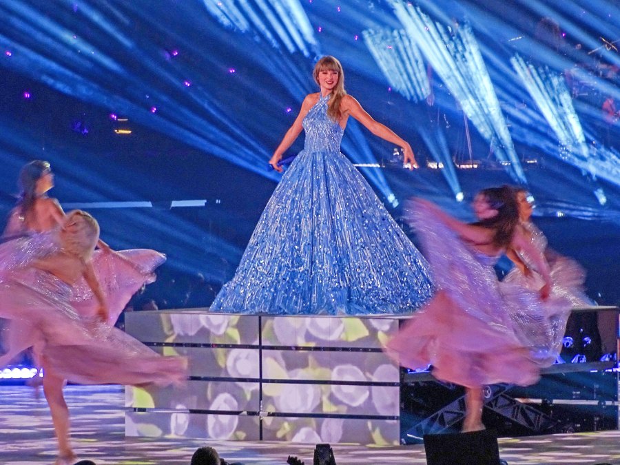 <p>Swift swapped her usual purple <em>Speak Now</em> ball gown for a blue version on August 9 in honor of announcing her rerecorded version of <em>1989</em> during the show.</p>