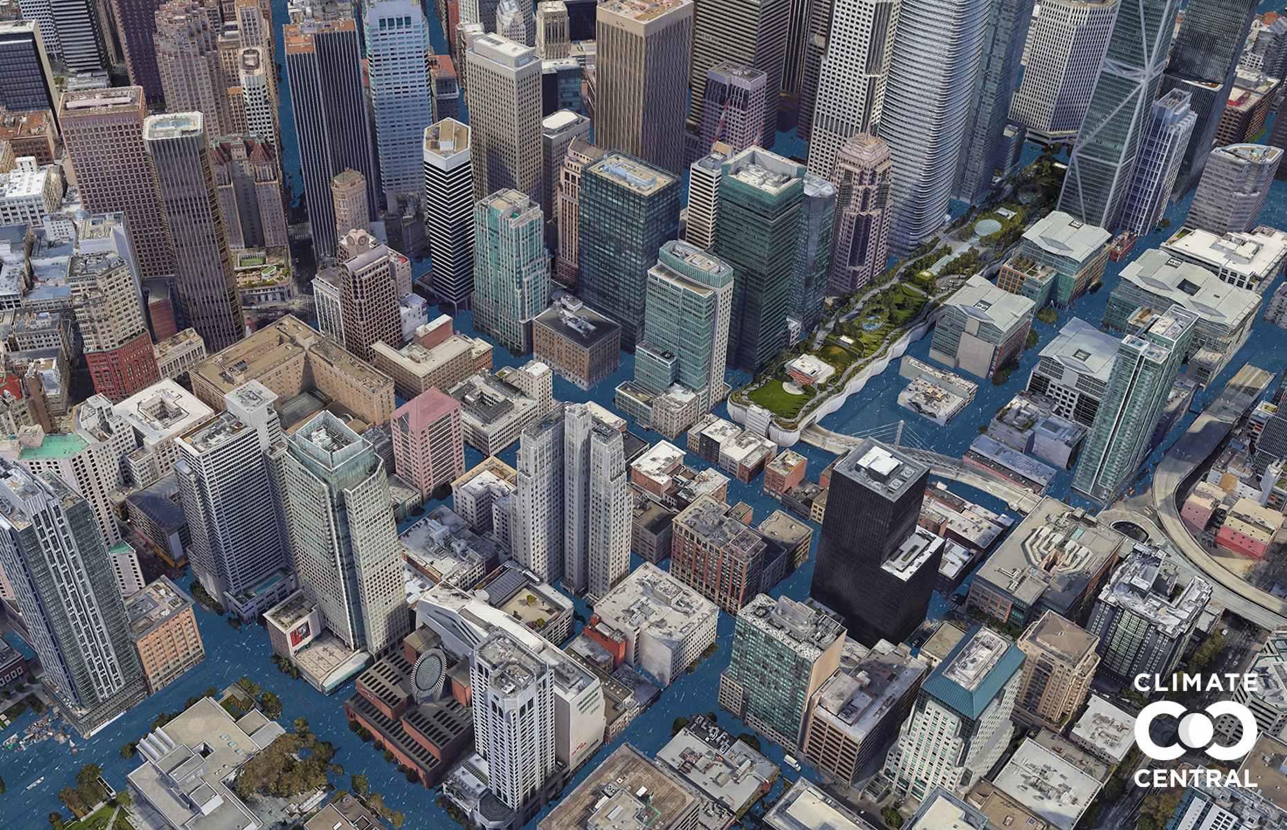 Significant chunks of the Windy City, which sits on a peninsula jutting out into the North Pacific Ocean, would be underwater in the event of unchecked global warming. In this photo modelling of what San Francisco's downtown would look like, smaller skyscrapers and buildings are almost swallowed up by the sea.