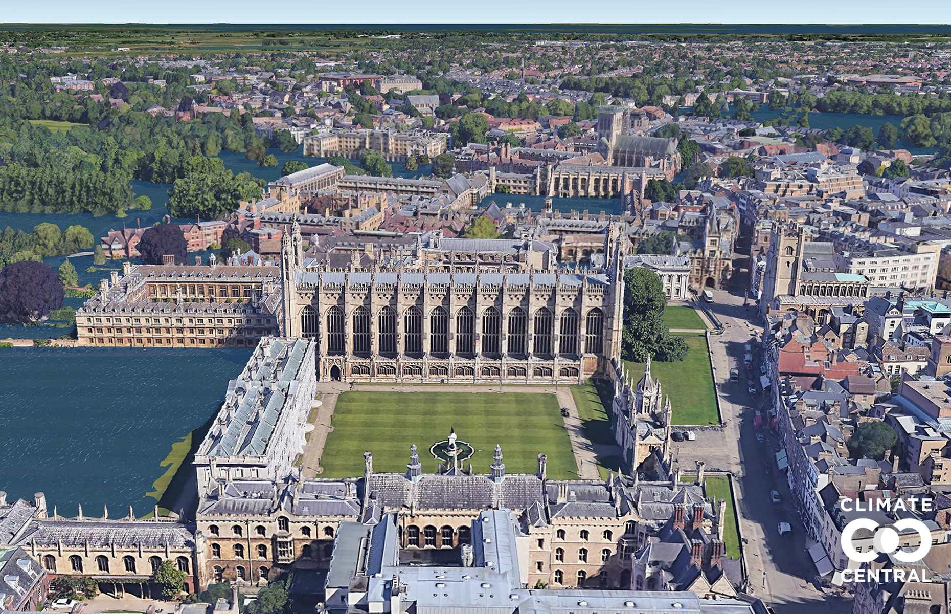 Thanks to its proximity to the River Cam, the historic city of Cambridge in southeastern England faces catastrophic destruction at the hands of climate change. In fact, even in the event of just 1.5°C (2.7°F) of warming (the minimum that will occur no matter what actions humanity takes to stop it), a significant chunk of England’s east coast would be gobbled up by the sea.
