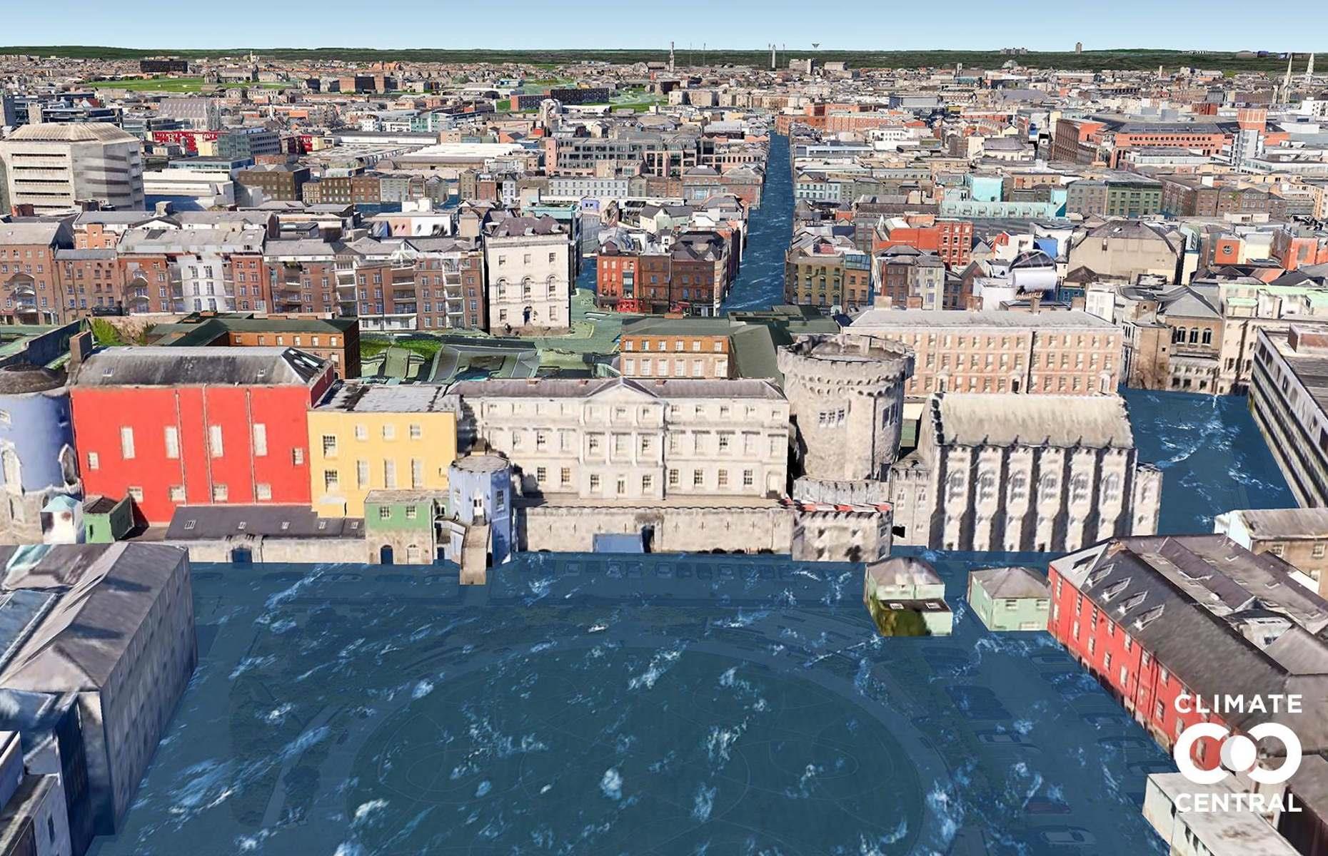 Dublin is sliced apart by the River Liffey, which empties out into Dublin Bay. But large areas of this historic coastal city are set to be wiped out by rising sea levels, as you can see from this image, depicting flooded roads and castle grounds.