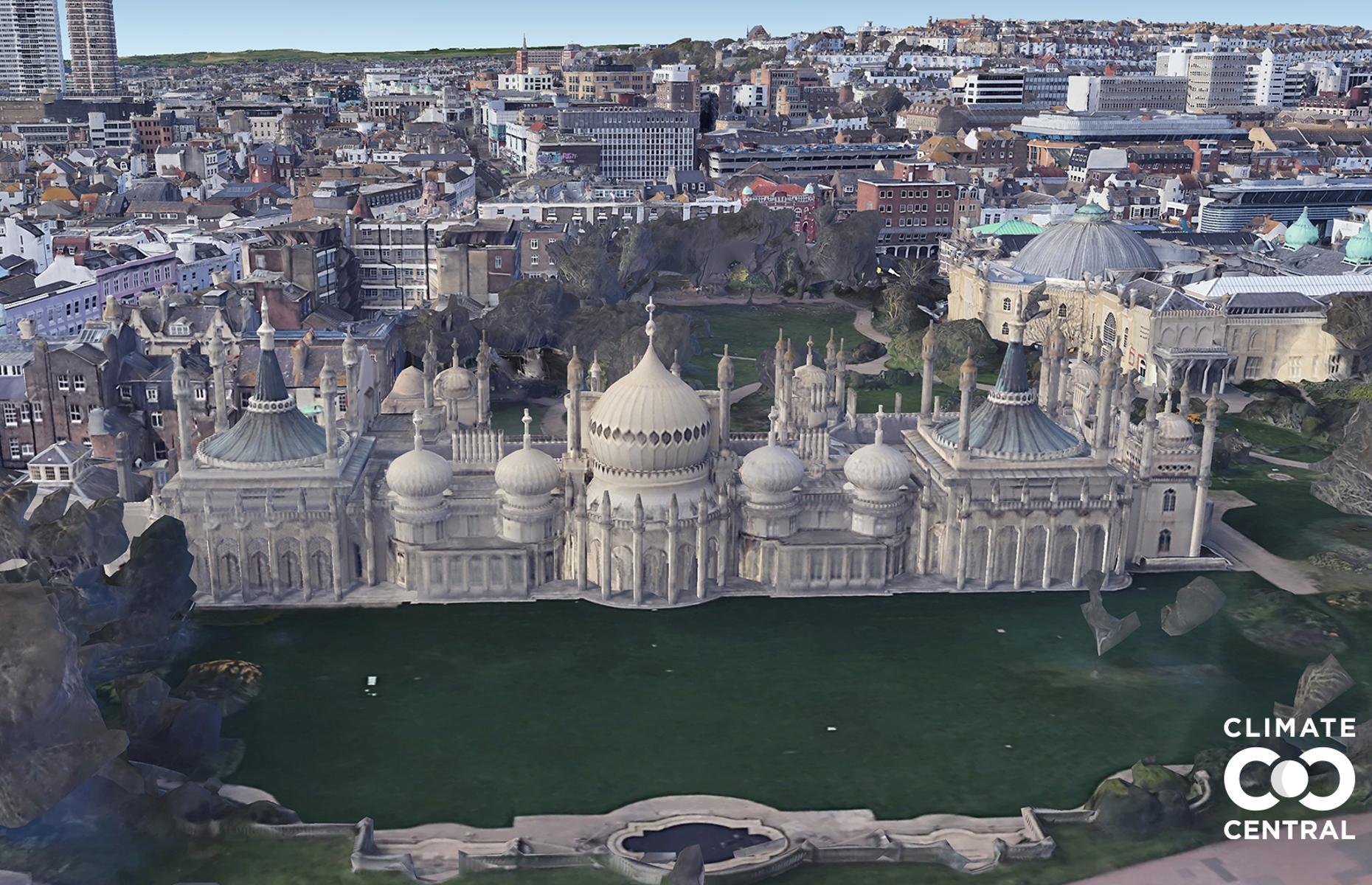The 19th-century Royal Pavilion that graces the seaside city of Brighton is one of Britain’s finest examples of Victorian architecture. But its luxurious grounds, along with lower levels of the building, are set to be engulfed in seawater if drastic action to curb emissions is not taken.