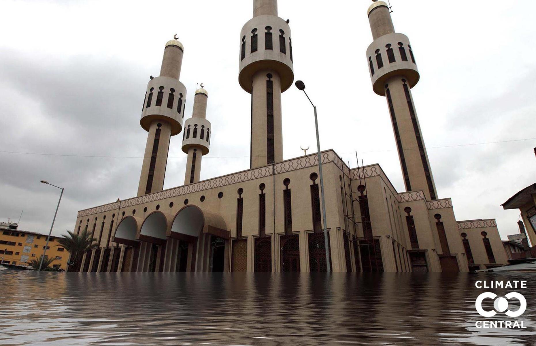 Situated on Nigeria’s west coast bordering Lagos Lagoon, the coastal capital is headed for severe damage in the event of 3°C (5.4°F) of climate change. The streets outside Lagos Central Mosque, pictured, are usually filled with people, but this apocalyptic vision of the future will see them completely submerged in water instead.