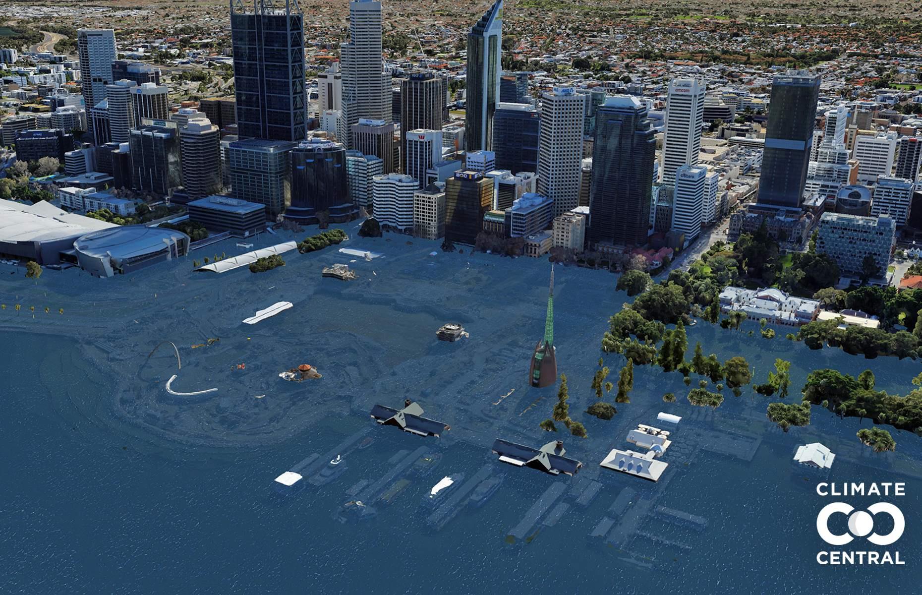 If we continue on our current carbon path, there won’t be much left of Elizabeth Quay in Perth, Australia. In fact pretty much the entire harbour is set to be underwater – you can just make out the rooftops poking out in the foreground of this image.