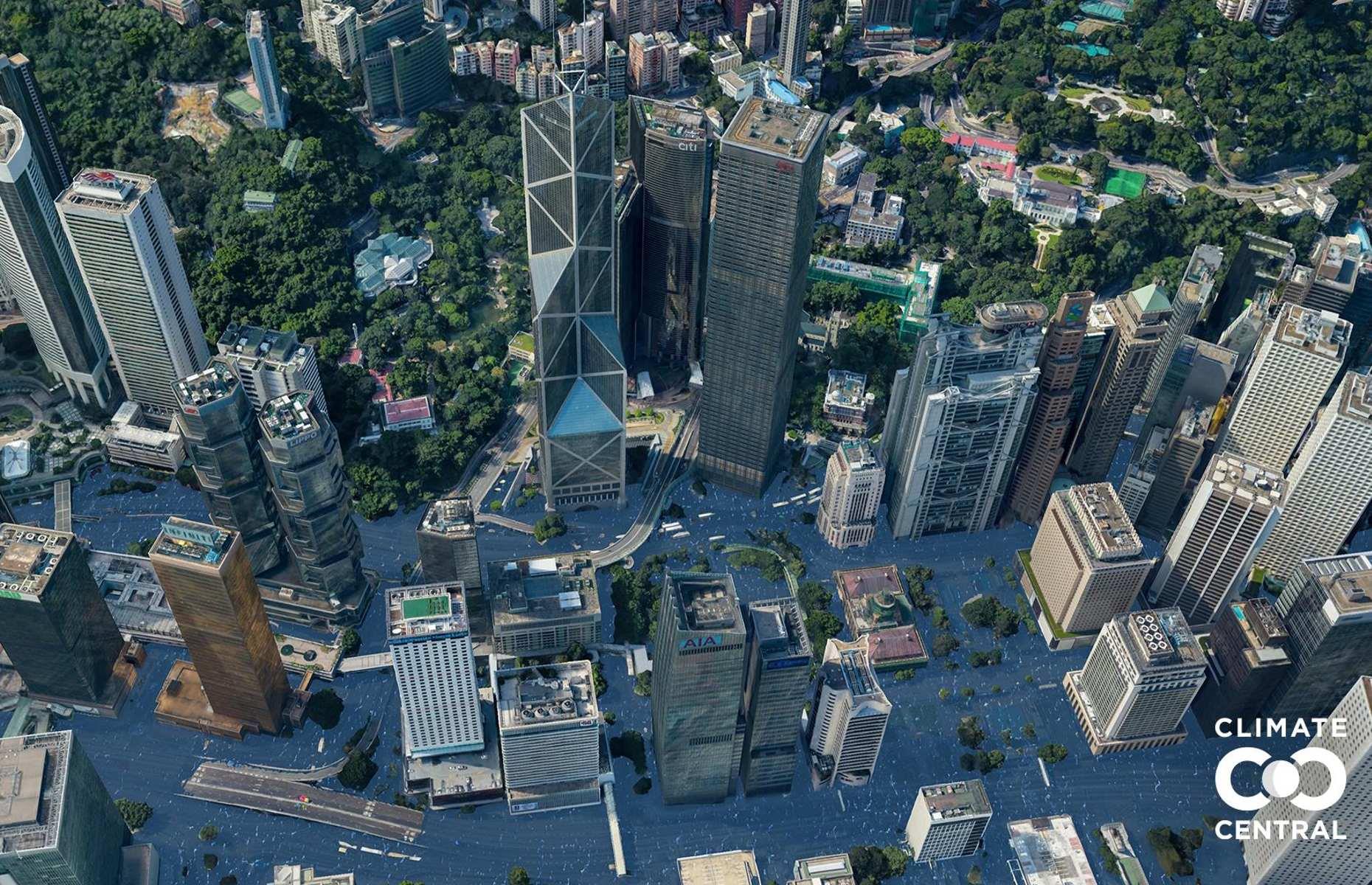 According to risk maps released by Climate Central, large parts of Hong Kong would be underwater in future if global warming continues unchecked at the current rate. This includes the lower parts of the 70-story Bank of China Tower, plus surrounding low-rises, roads, parks and green spaces.