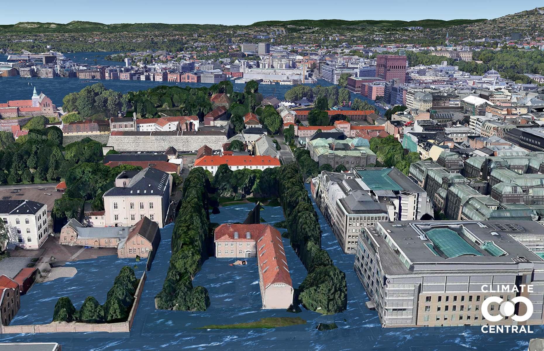 The Norwegian capital is known for its tranquil location on the banks of the Oslofjord, providing stunning scenery year-round. Yet 3°C (5.4°F) of warming is set to bring chaos to the city, as this shocking image of a flooded Grev Wedels Plass (a square near the water's edge) shows.