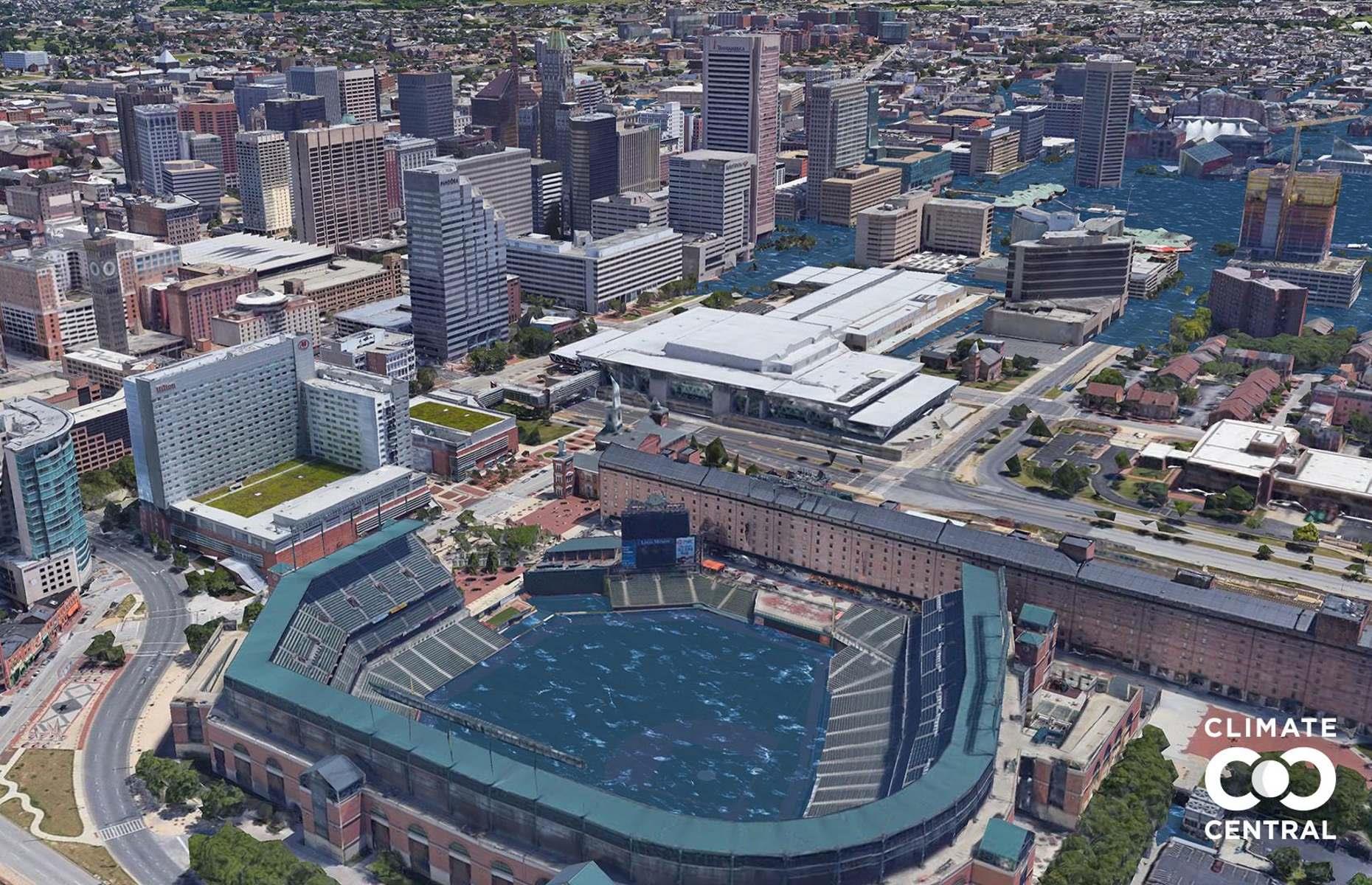 Its location on the banks of the Patapsco River makes Baltimore, Maryland vulnerable to rising sea levels, as you can see from this image of the Convention Center. The grass-covered stadium would be filled with water, along with swathes of downtown.